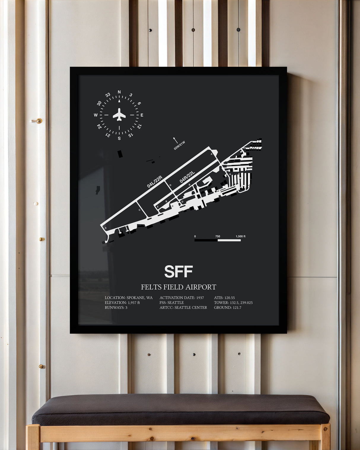 Framed Detailed Airport Map of Felts Field Airport (SFF) in Gray with a Black Frame