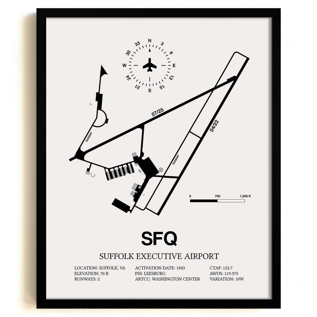 Framed Detailed Airport Map of Suffolk Executive Airport (SFQ) in White with a Black Frame