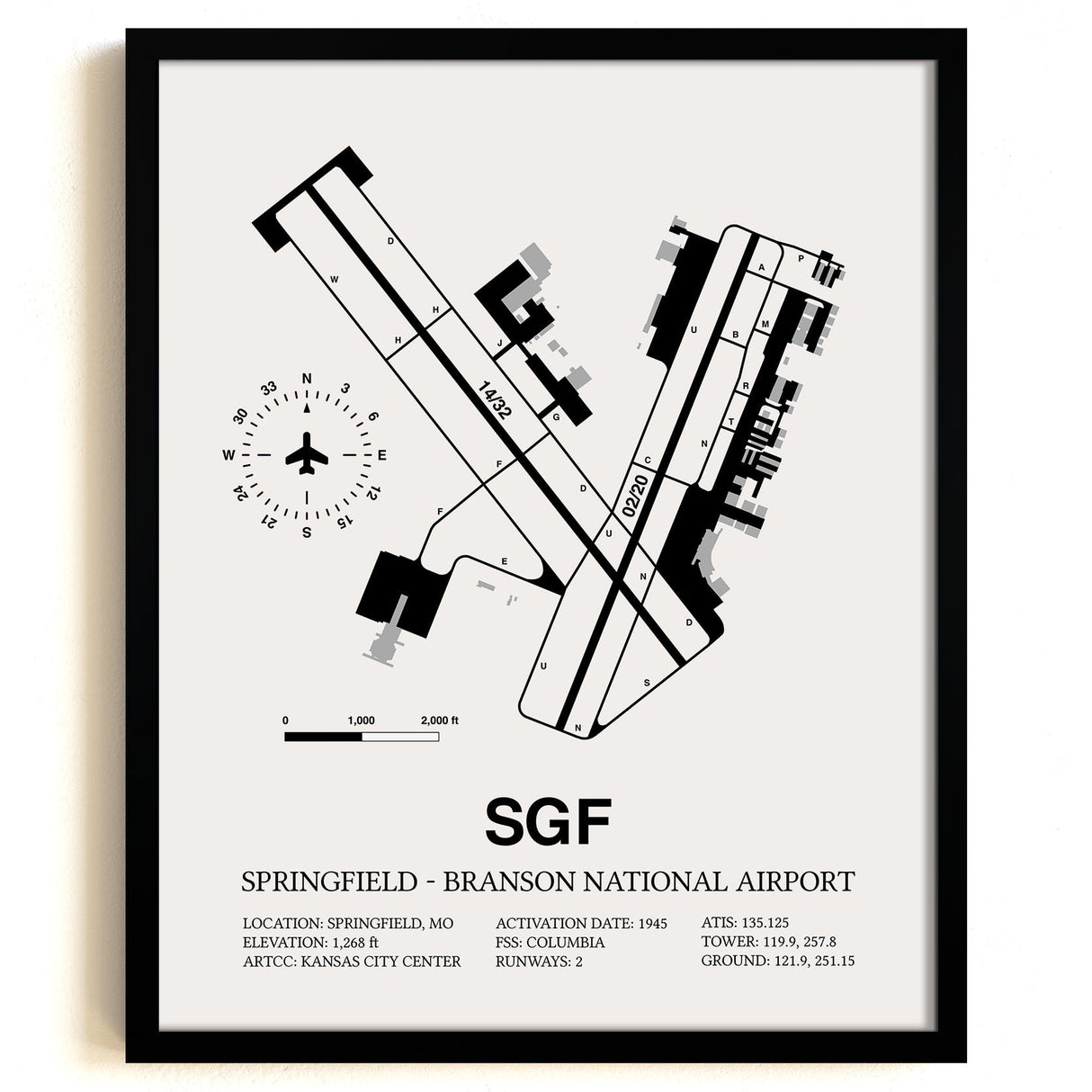 Framed Detailed Airport Map of Springfield - Branson National Airport (SGF) in White with a Black Frame