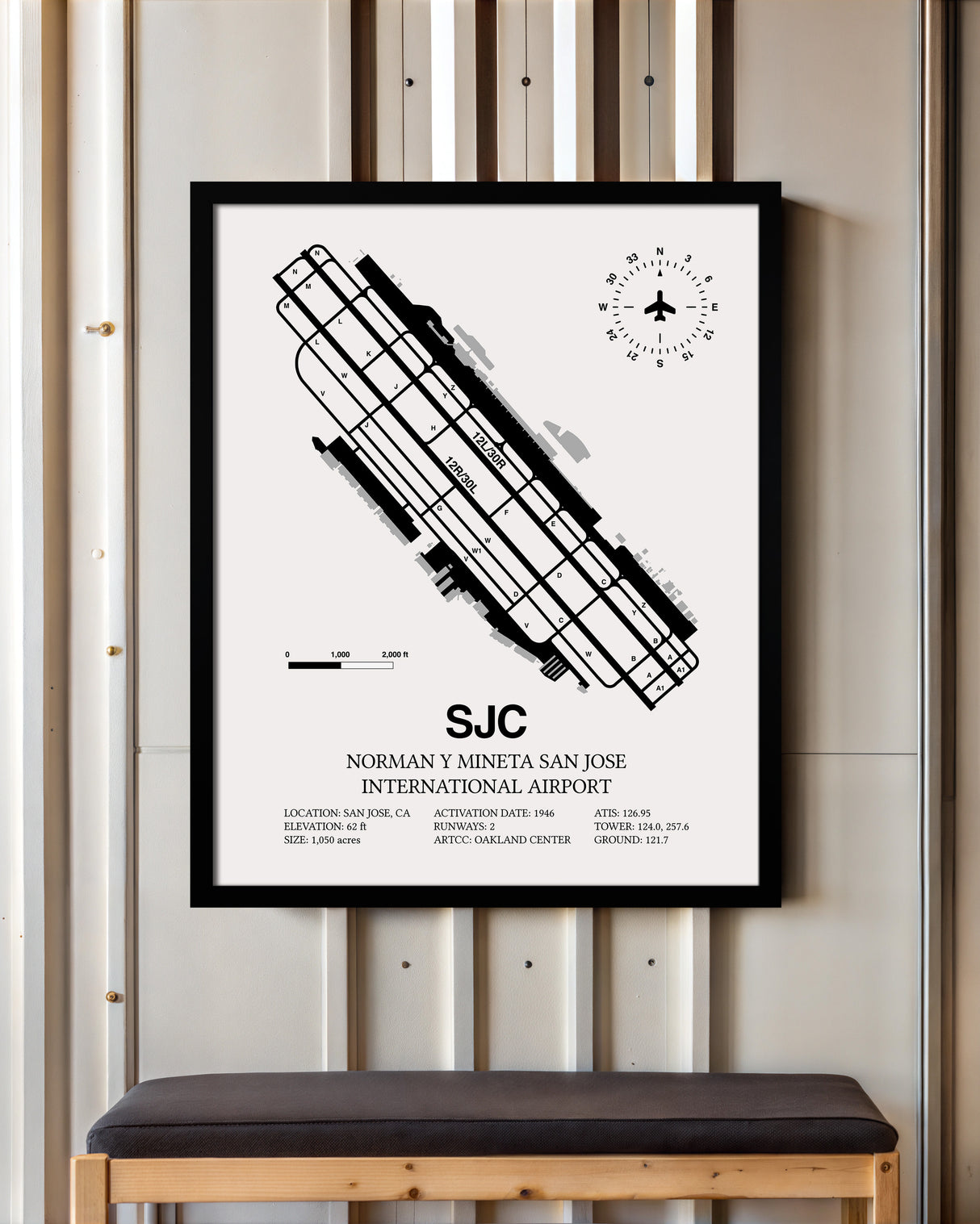 Framed Detailed Airport Map of Norman Y. Mineta San Jose International Airport (SJC) in White with a Black Frame