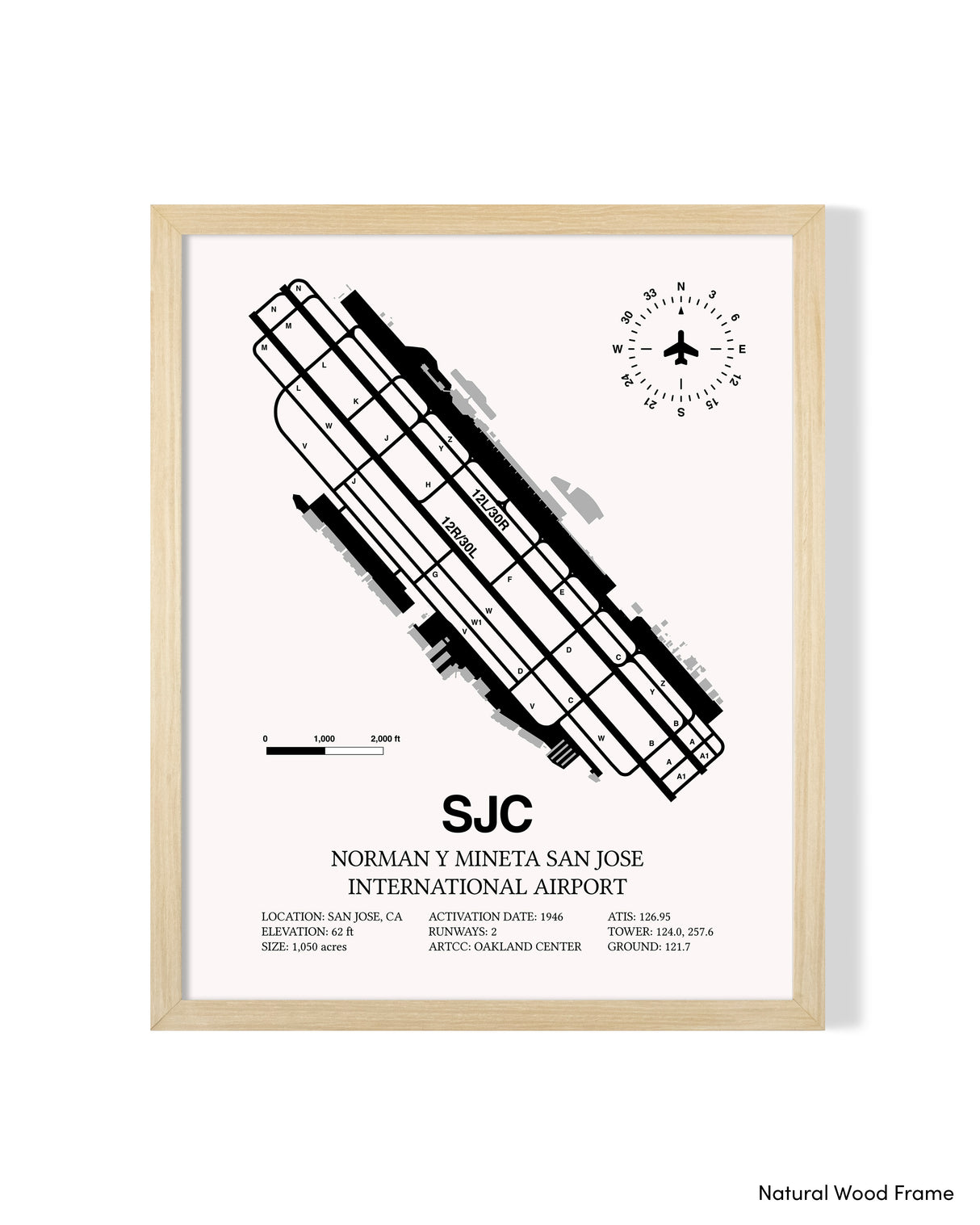 Detailed Airport Map of Norman Y. Mineta San Jose International Airport (SJC) in White with a Natural Frame
