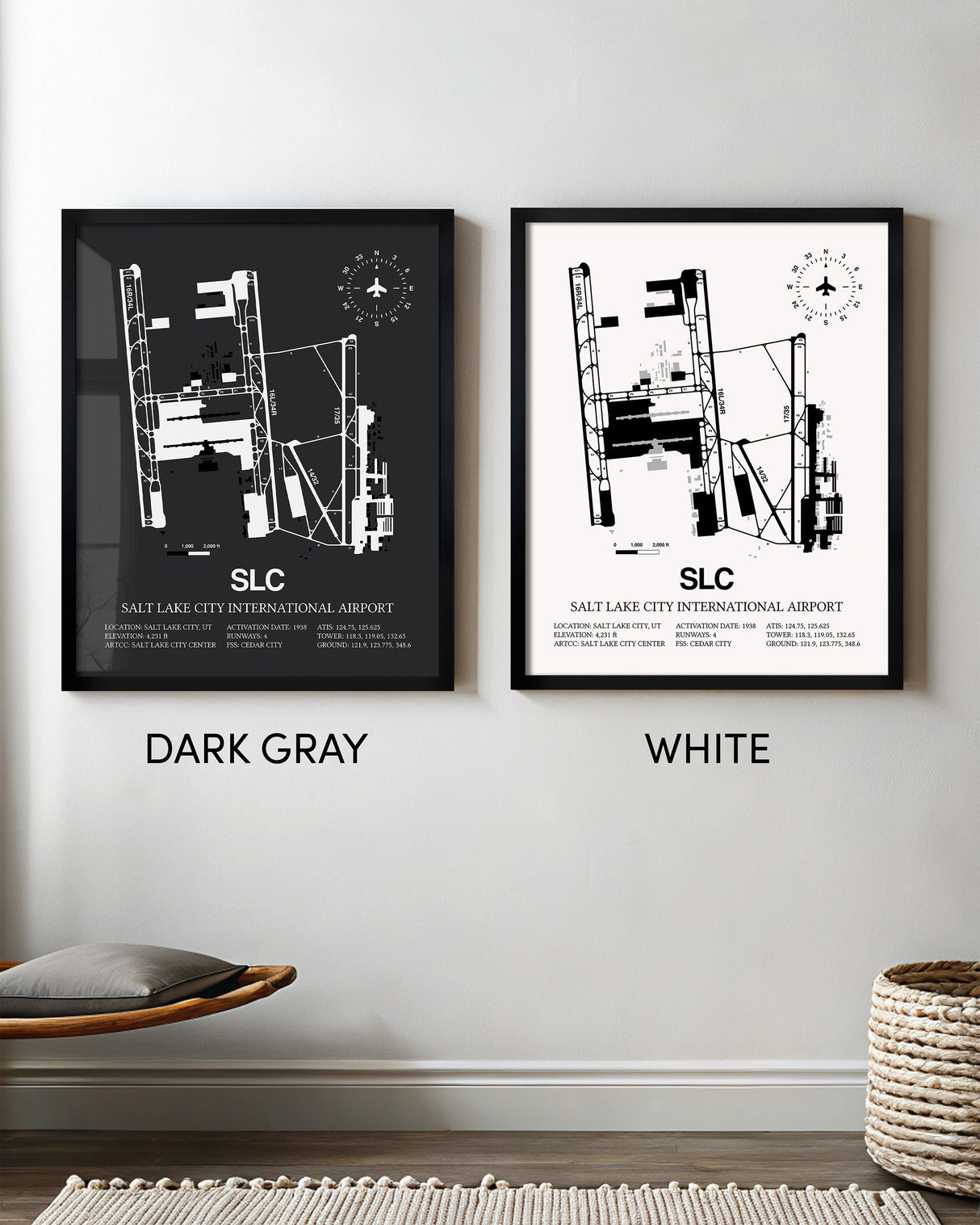 Framed Detailed Airport Map of Salt Lake City International Airport (SLC) in White and Gray