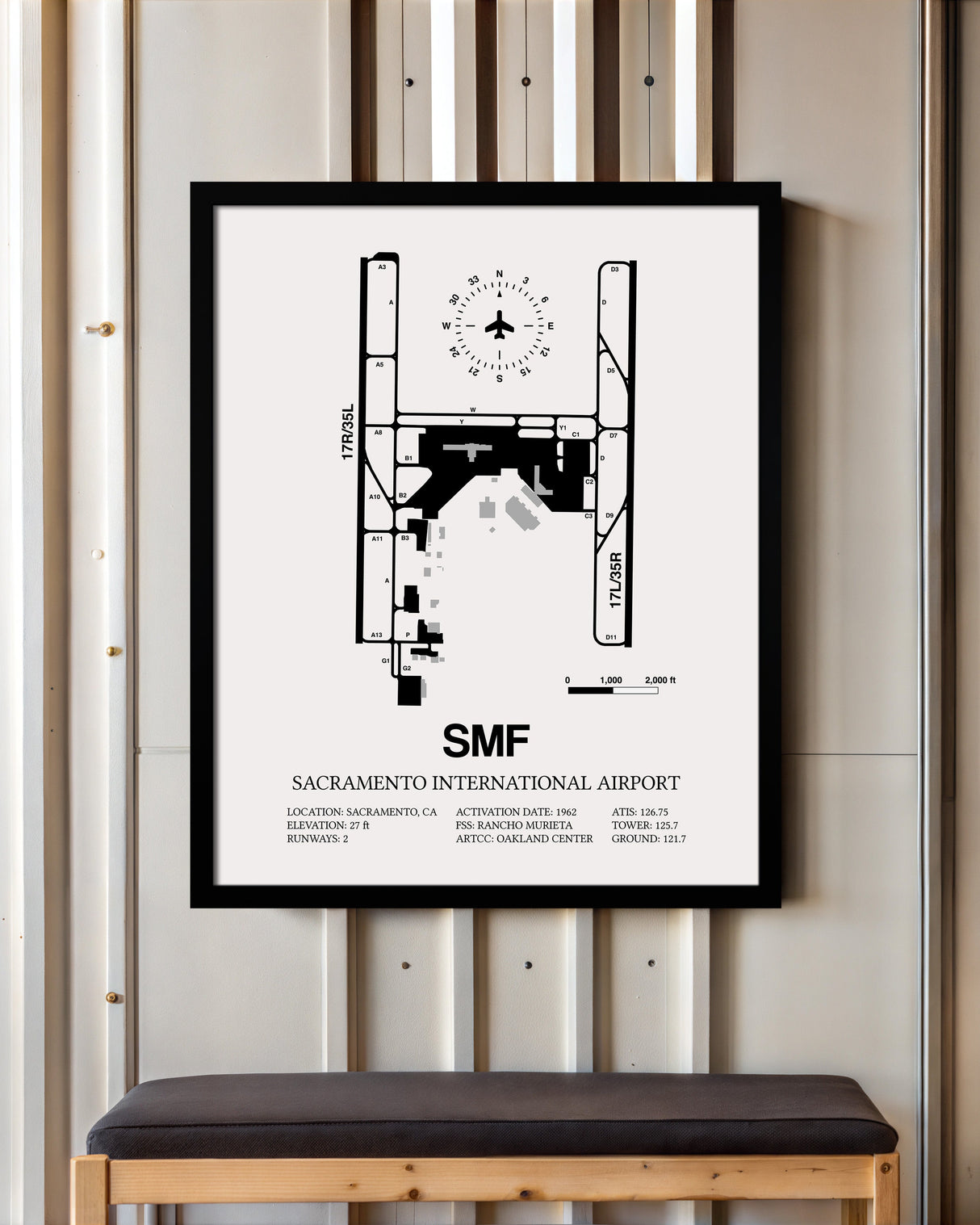 Framed Detailed Airport Map of Sacramento International Airport (SMF) in White with a Black Frame