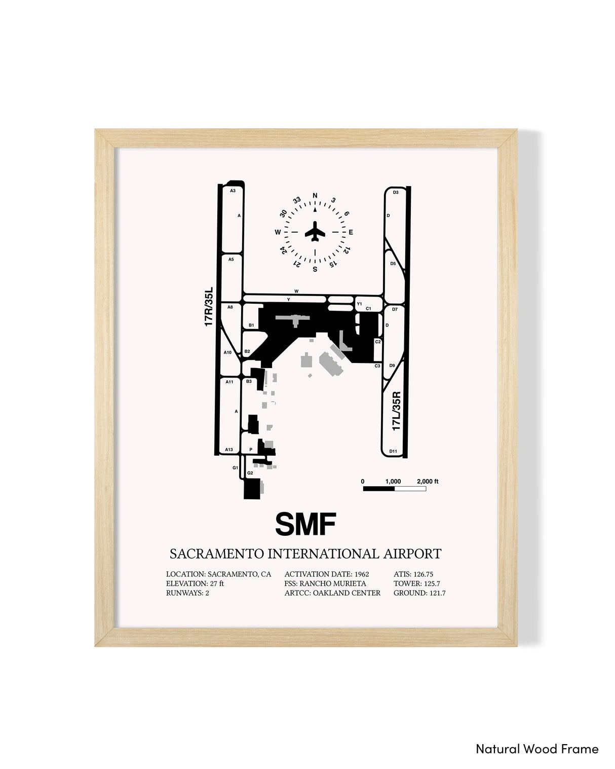 Detailed Airport Map of Sacramento International Airport (SMF) in White with a Natural Frame