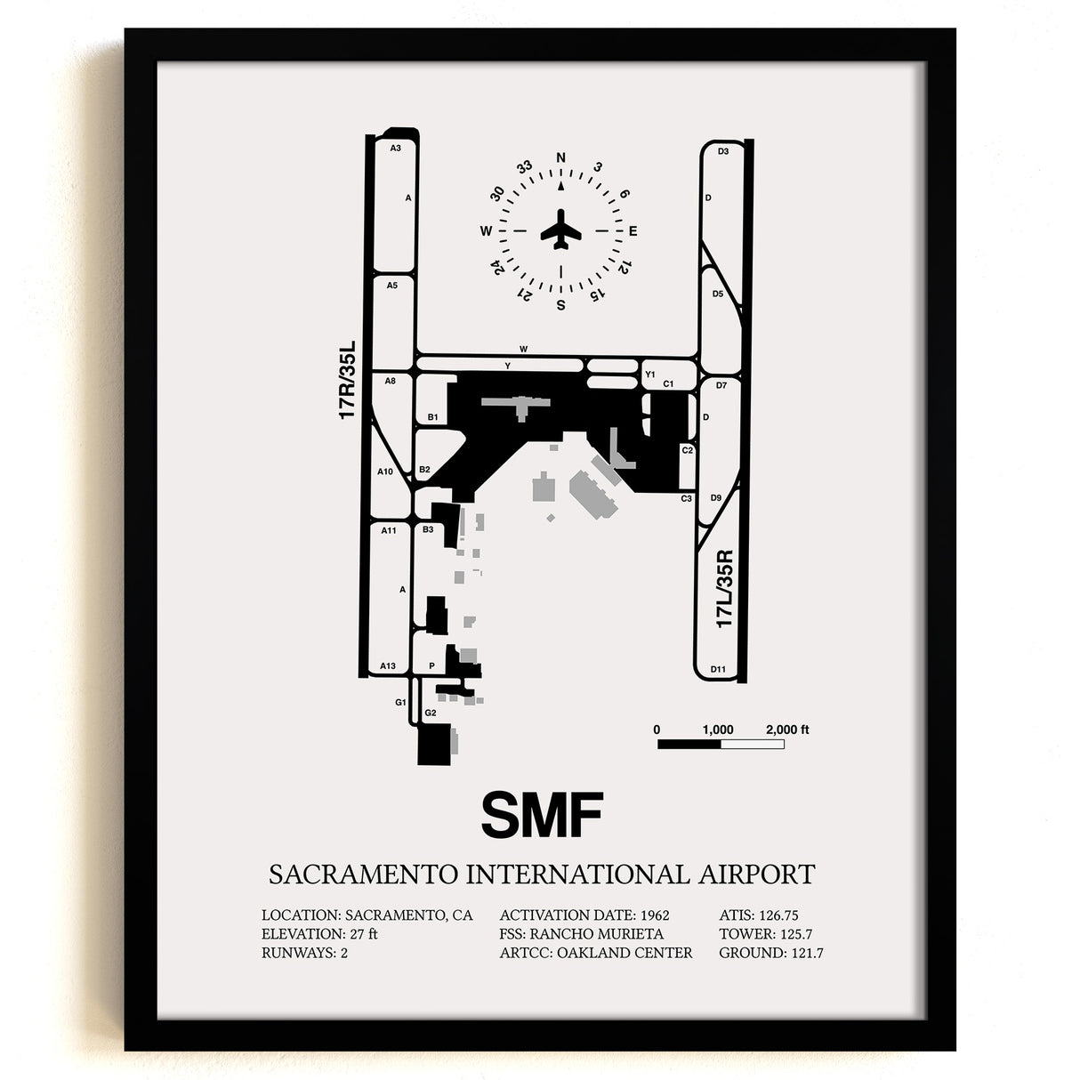 SMF Airport Map, Sacramento International Airport Print