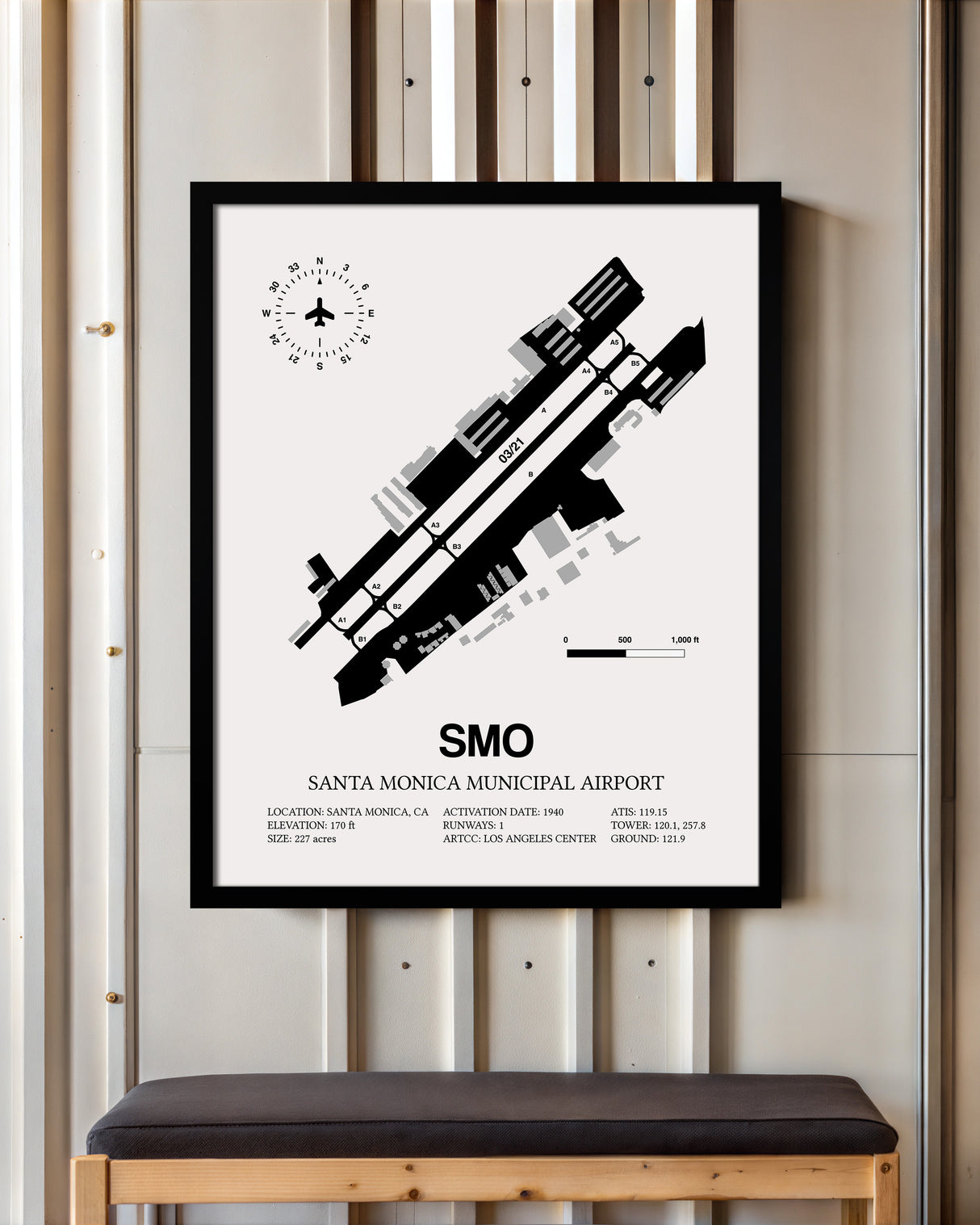 Framed Detailed Airport Map of Santa Monica Municipal Airport (SMO) in White with a Black Frame