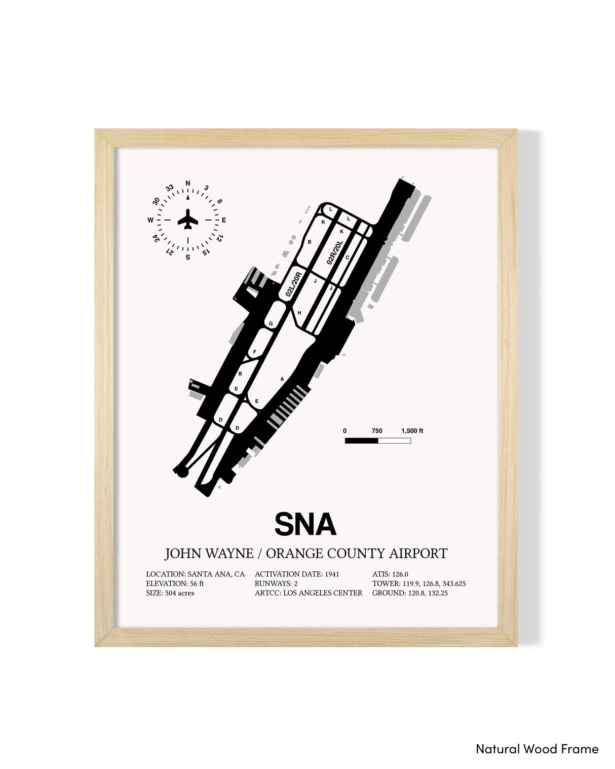 Detailed Airport Map of John Wayne Orange County International Airport (SNA) in White with a Natural Frame
