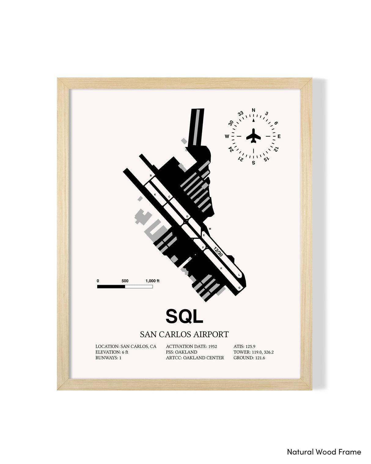 Detailed Airport Map of San Carlos Airport (SQL) in White with a Natural Frame