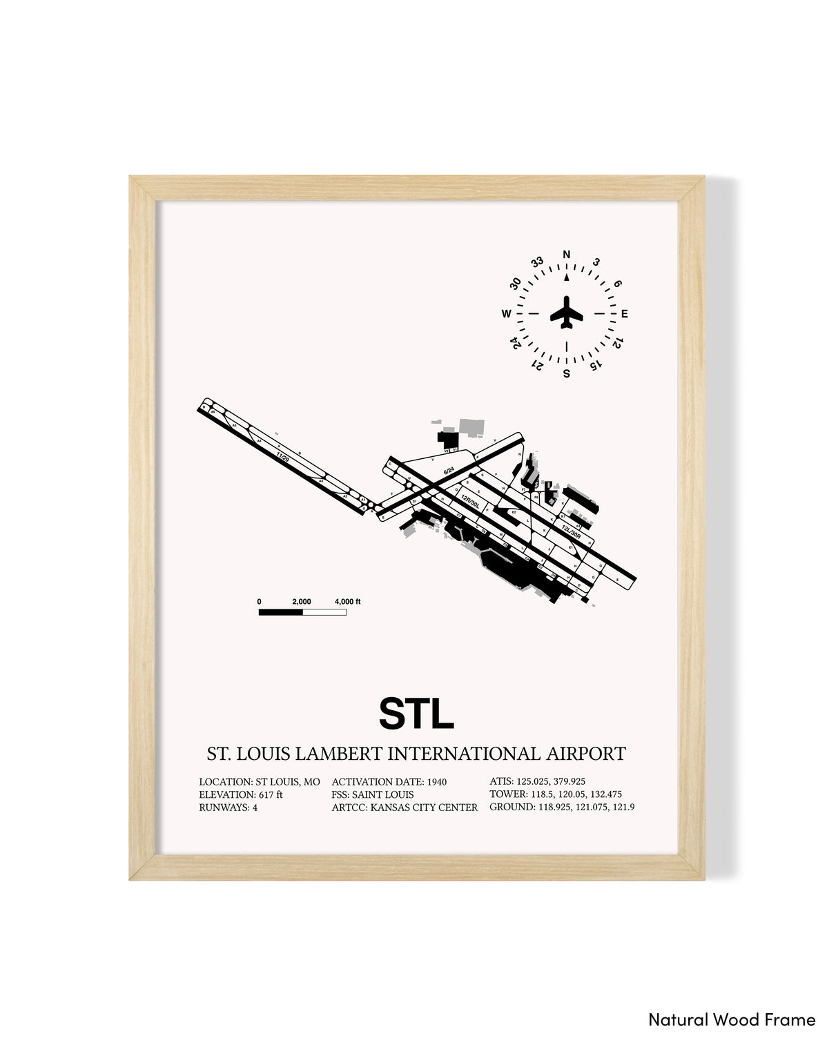 Detailed Airport Map of St. Louis Lambert International Airport (STL) in White with a Natural Frame