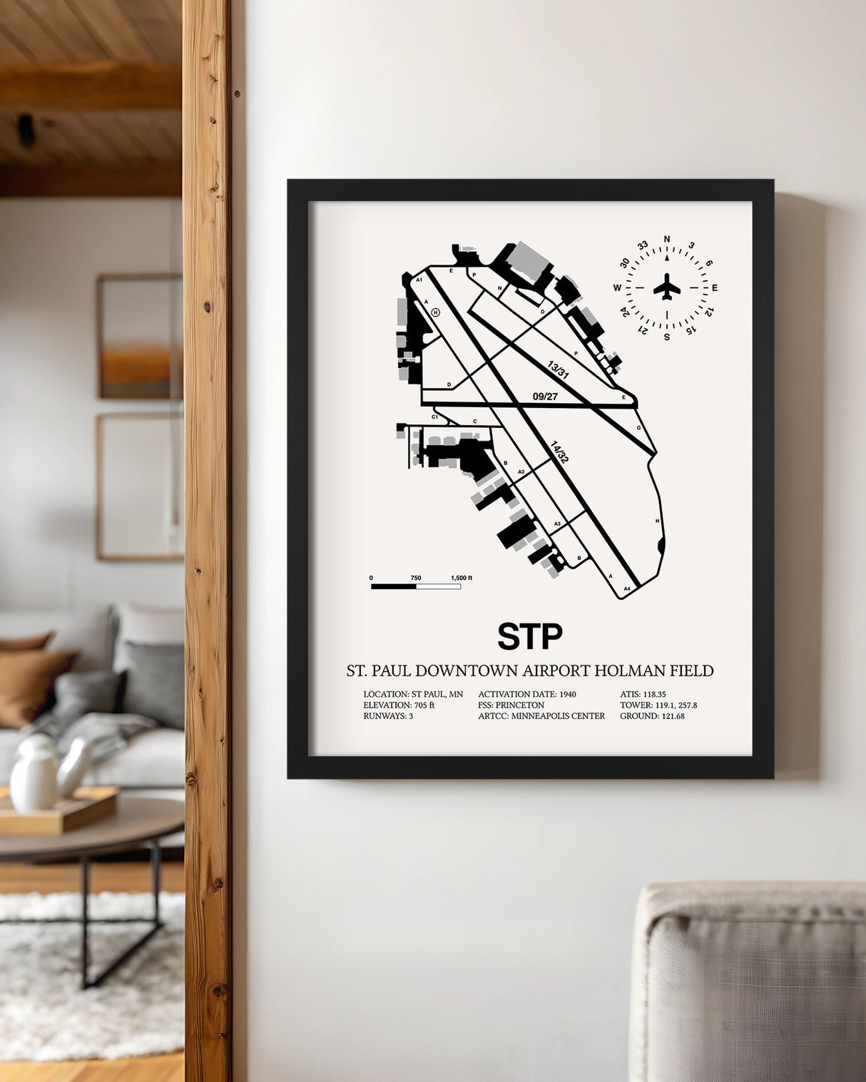 Framed Detailed Airport Map of St Paul Downtown Airport Holman Field (STP) in White with a Black Frame