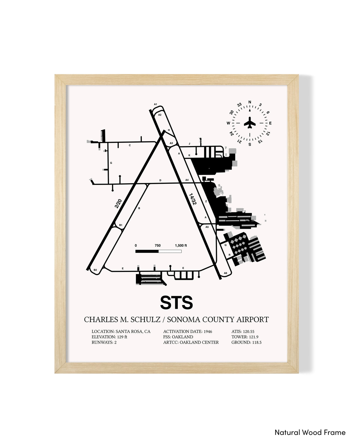 Detailed Airport Map of Charles M. Schulz/Sonoma County Airport (STS) in White with a Natural Frame