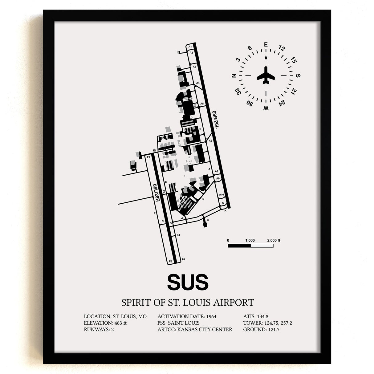 Framed Detailed Airport Map of Spirit of St. Louis Airport (SUS) in White with a Black Frame