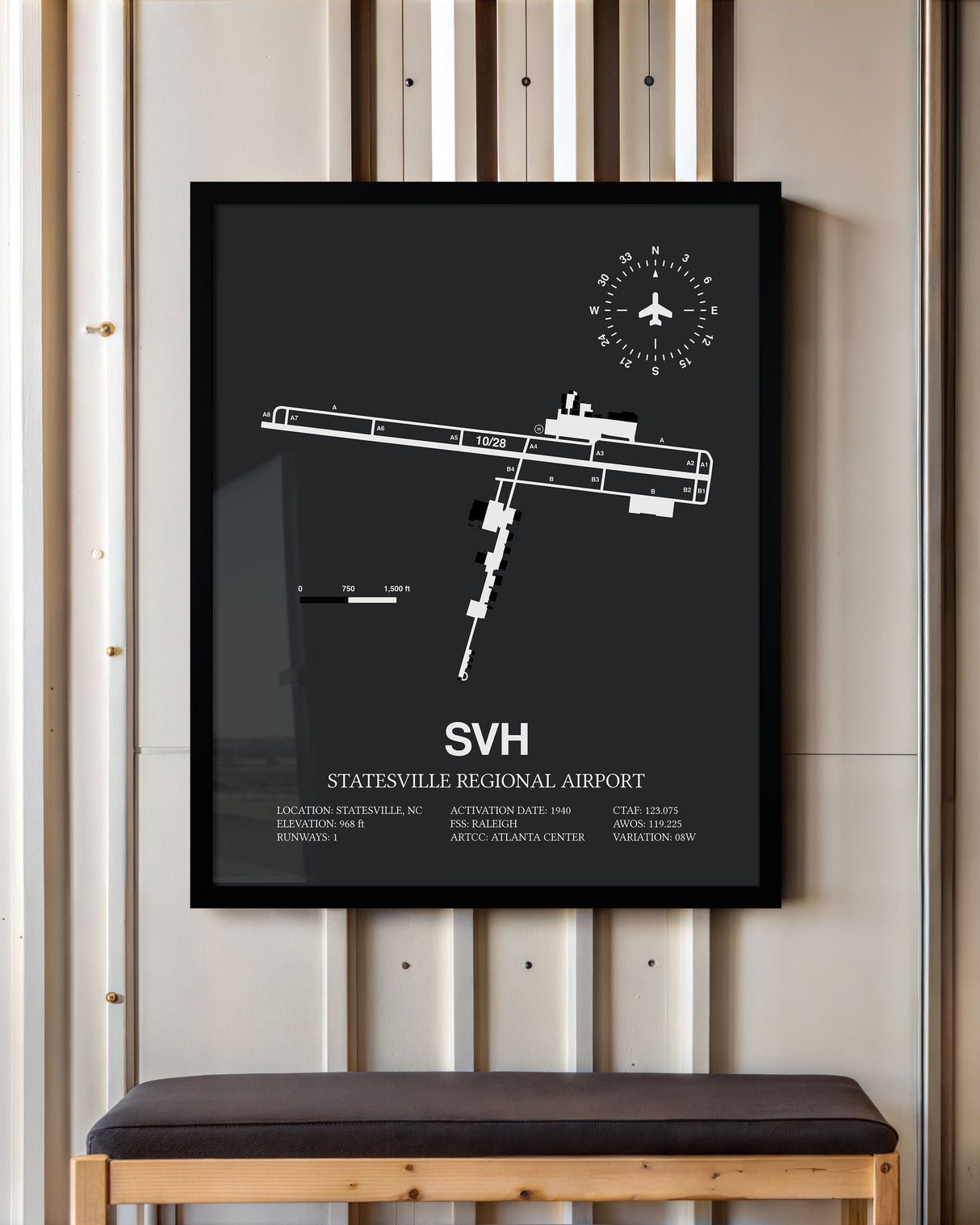 Framed Detailed Airport Map of Statesville Regional Airport (SVH) in Gray with a Black Frame