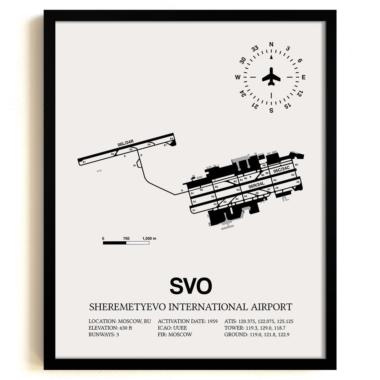 Framed Detailed Airport Map of Sheremetyevo International Airport (SVO) in White with a Black Frame