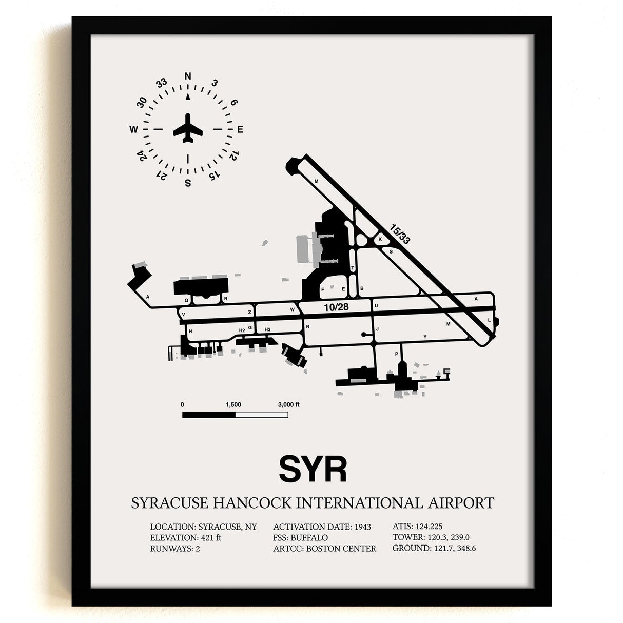 Framed Detailed Airport Map of Syracuse Hancock International Airport (SYR) in White with a Black Frame