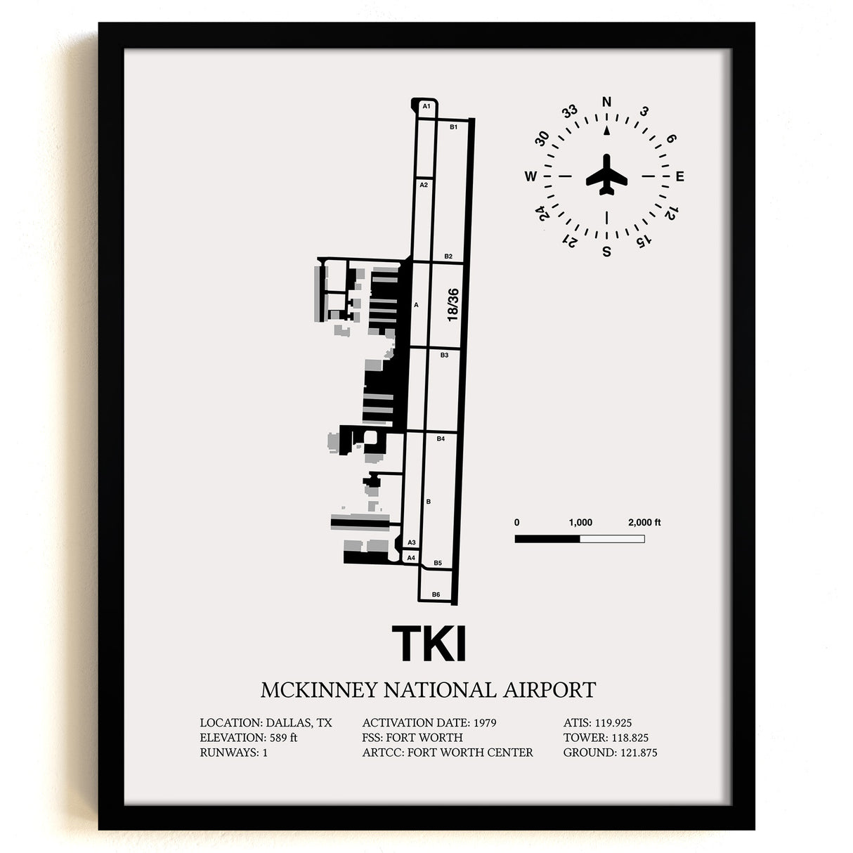 Framed Detailed Airport Map of McKinney National Airport (TKI) in White with a Black Frame