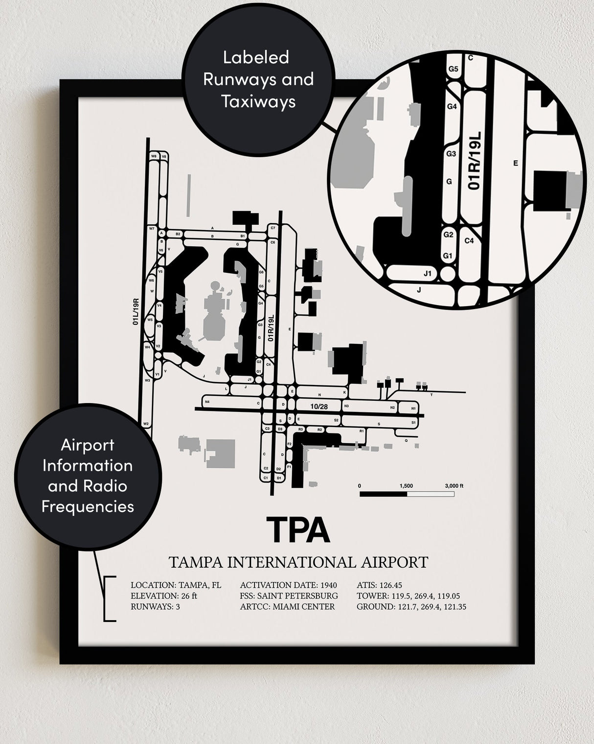 Framed Detailed Airport Map of Tampa International Airport (TPA) in White with a Black Frame