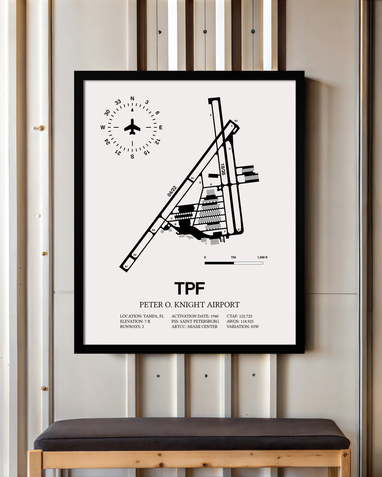 Framed Detailed Airport Map of Peter O. Knight Airport (TPF) in White with a Black Frame