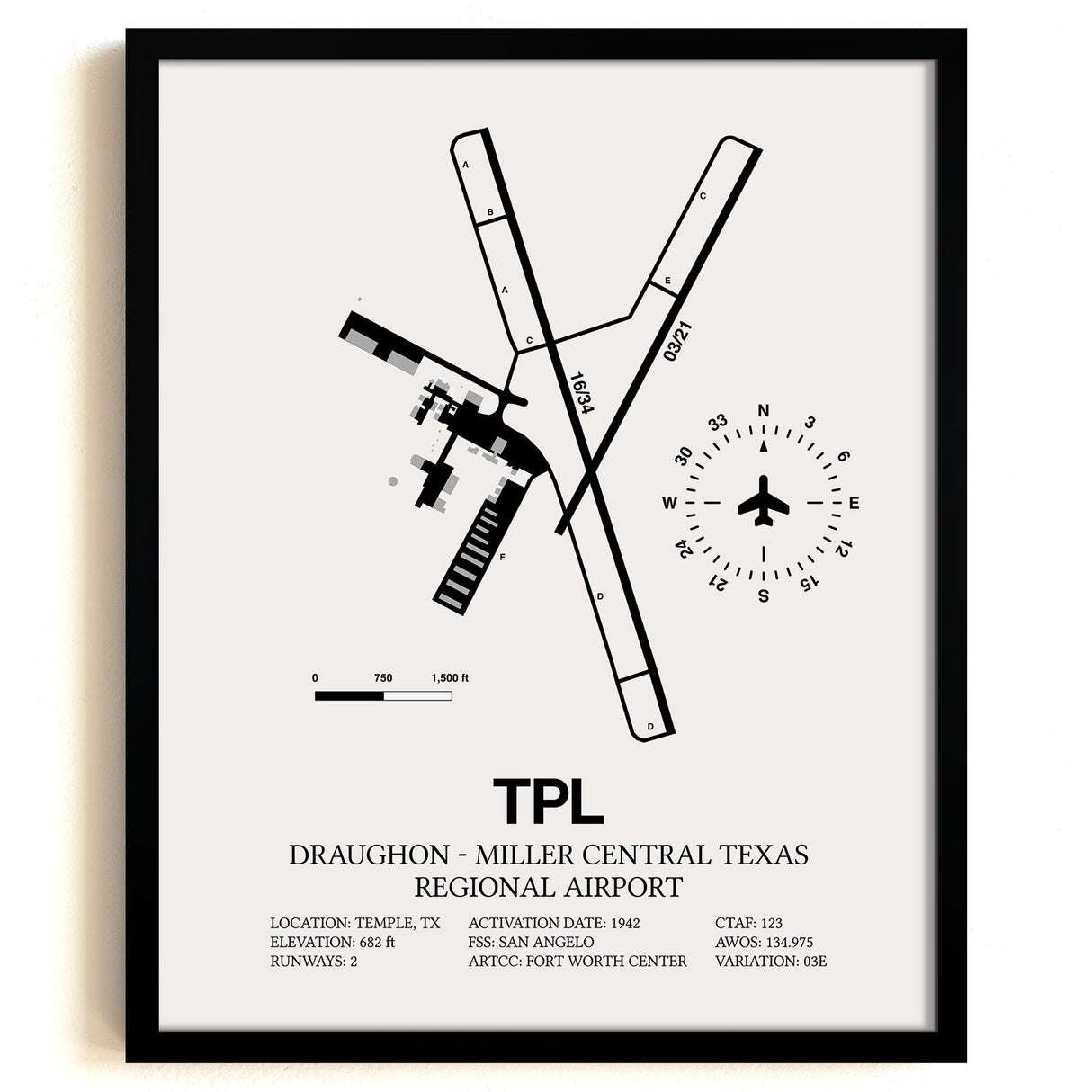 Framed Detailed Airport Map of Draughon-Miller Central Texas Regional Airport (TPL) in White with a Black Frame