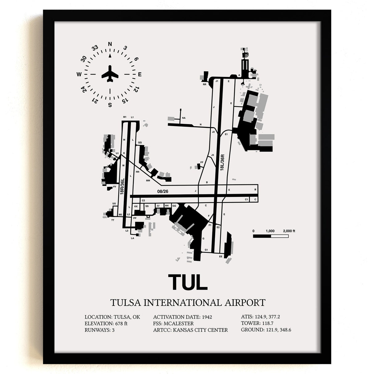 Framed Detailed Airport Map of Tulsa International Airport (TUL) in White with a Black Frame