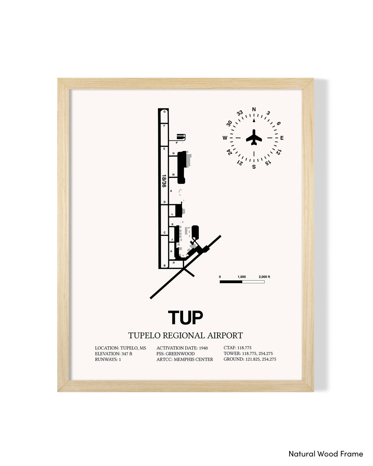 Detailed Airport Map of Tupelo Regional Airport (TUP) in White with a Natural Frame
