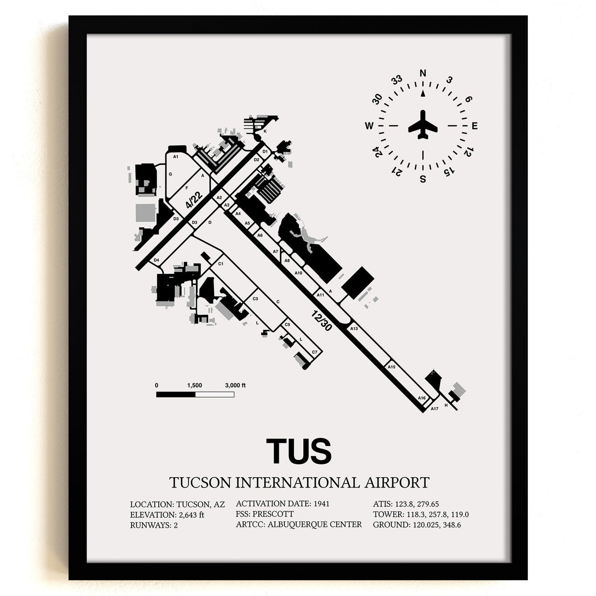 Framed Detailed Airport Map of Tucson International Airport (TUS) in White with a Black Frame