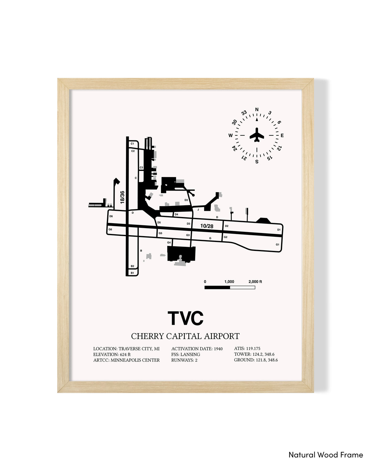 Detailed Airport Map of Cherry Capital Airport (TVC) in White with a Natural Frame