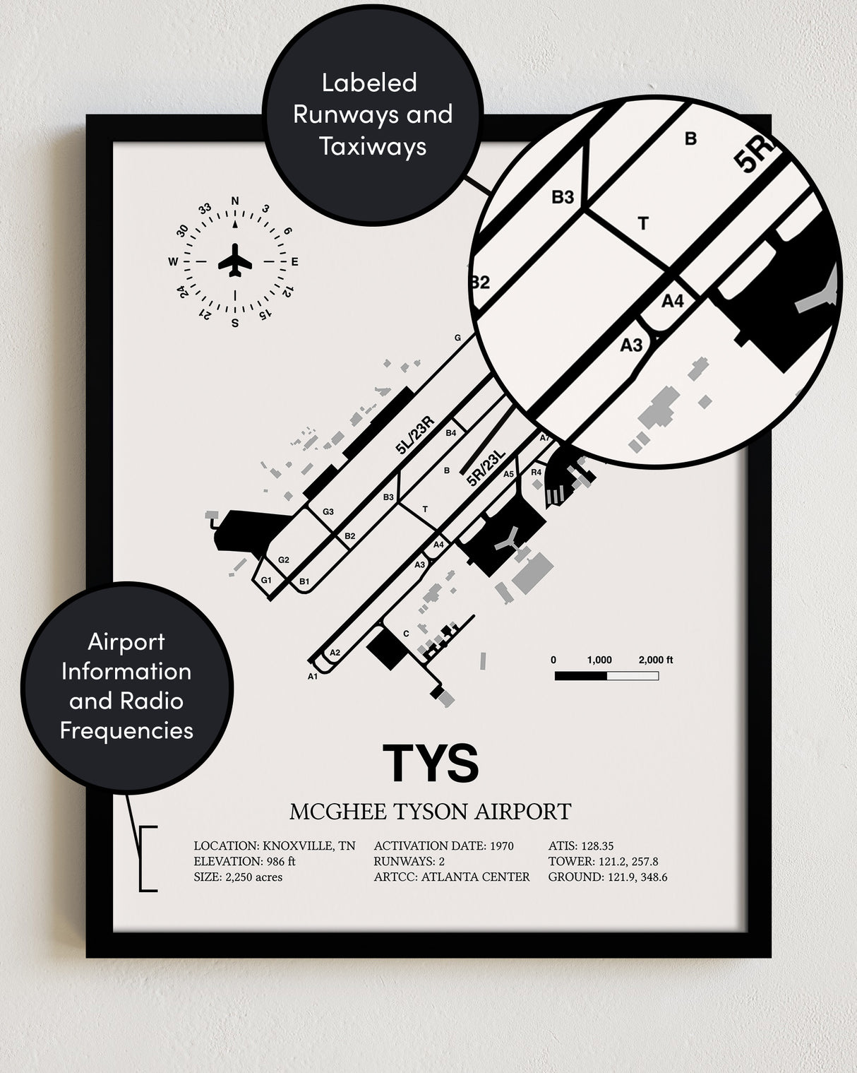 Framed Detailed Airport Map of McGhee Tyson Airport (TYS) in White with a Black Frame