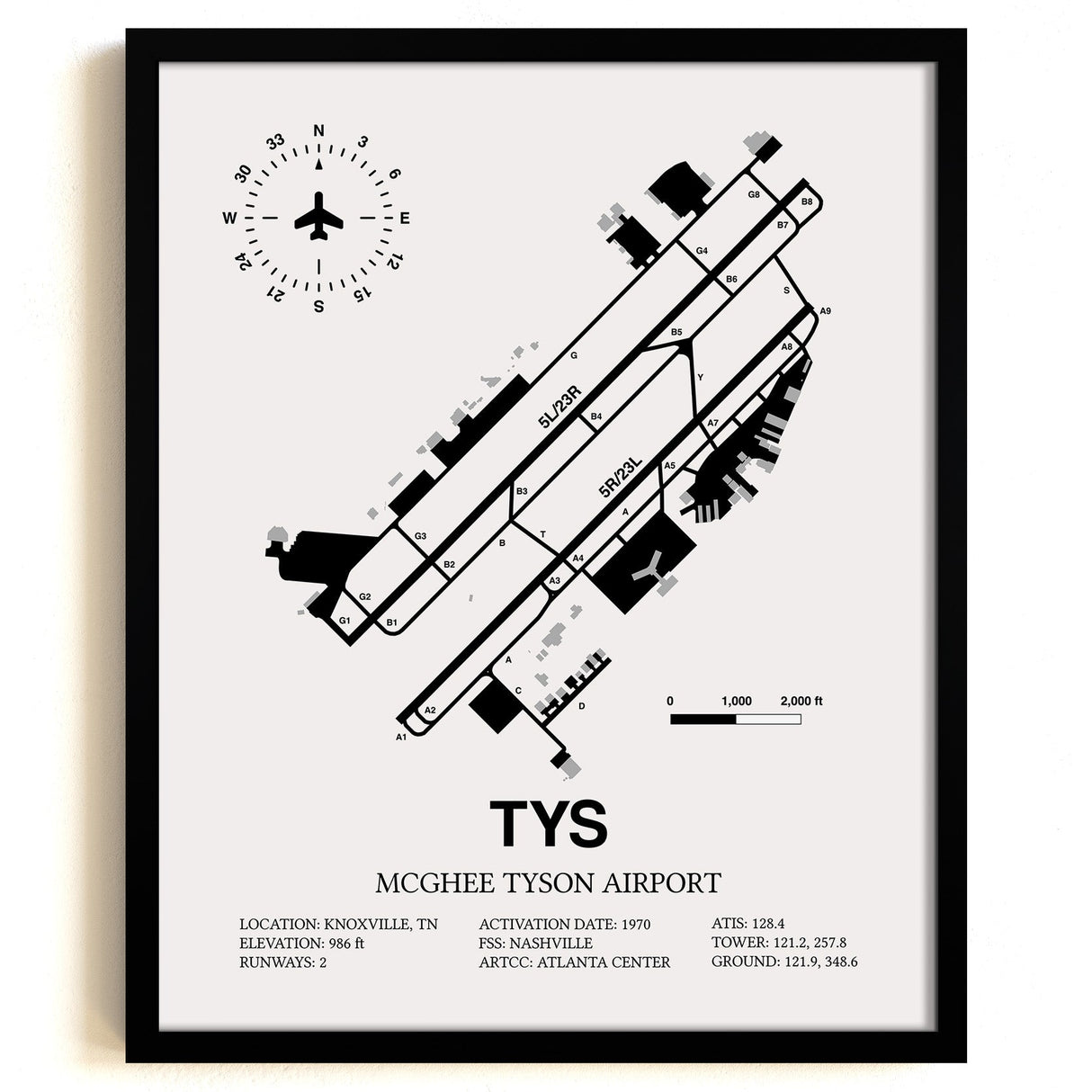 Framed Detailed Airport Map of McGhee Tyson Airport (TYS) in White with a Black Frame