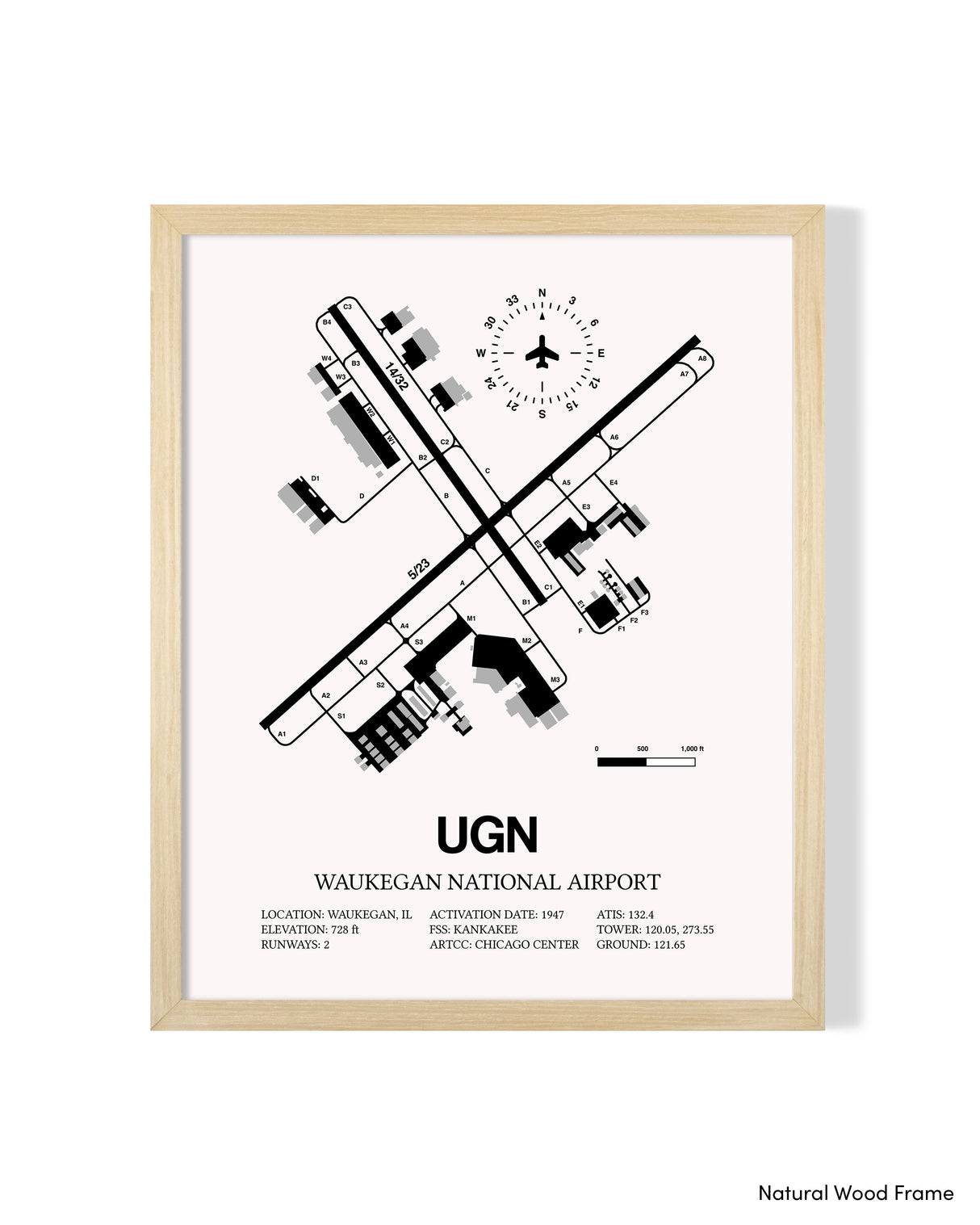 Detailed Airport Map of Waukegan National Airport (UGN) in White with a Natural Frame