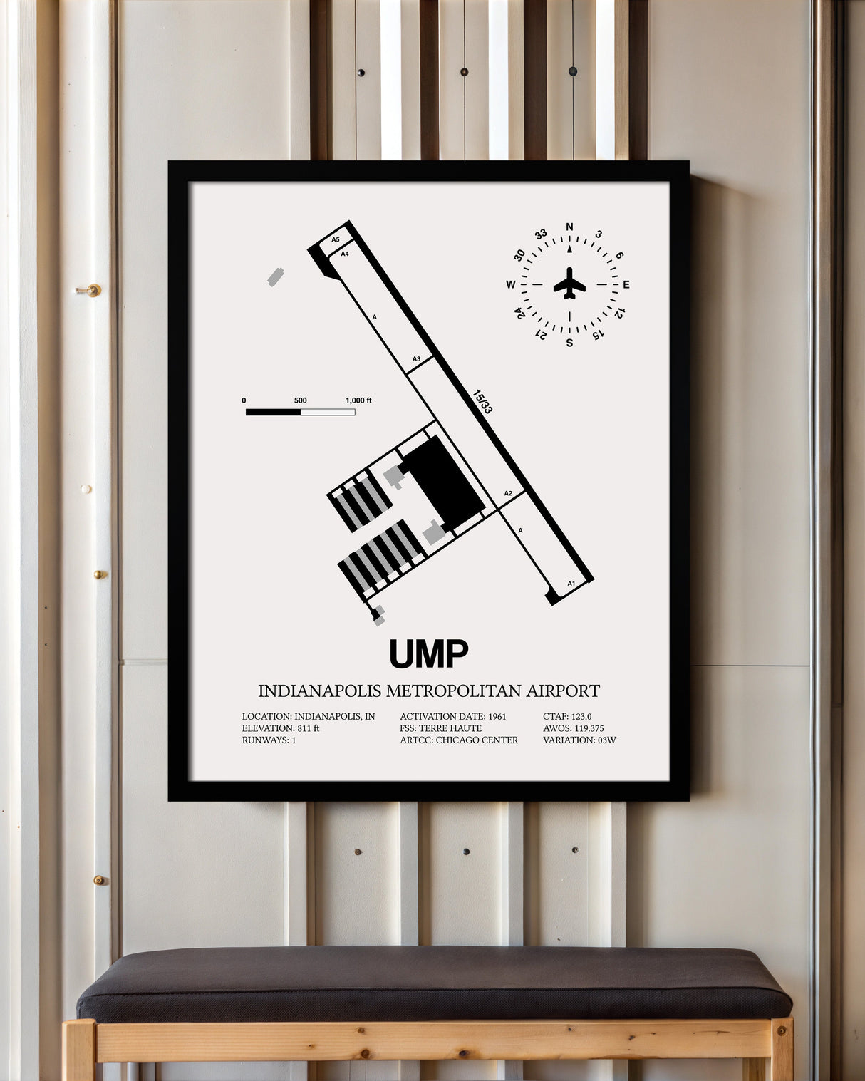 Framed Detailed Airport Map of Indianapolis Metropolitan Airport (UMP) in White with a Black Frame