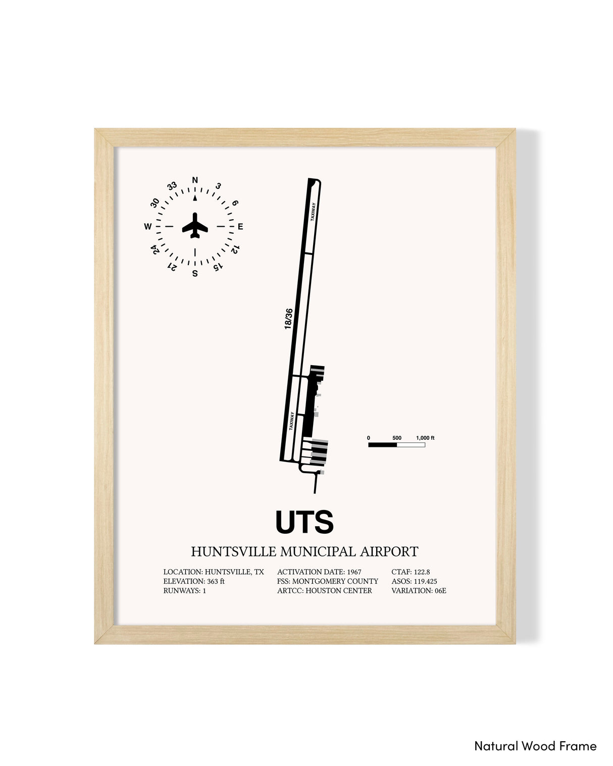 Detailed Airport Map of Huntsville Municipal Airport (UTS) in White with a Natural Frame