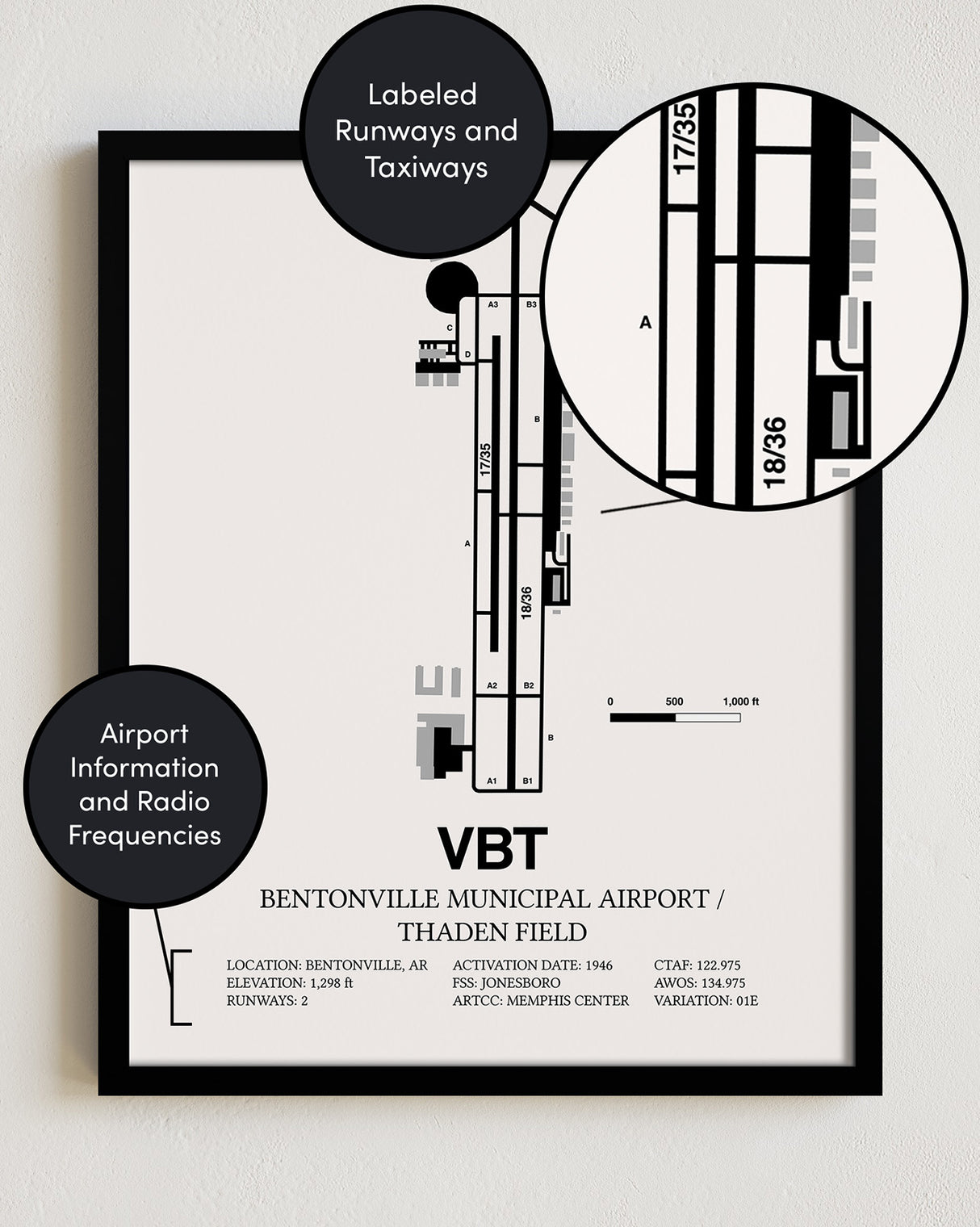 Framed Detailed Airport Map of Bentonville Municipal Airport/Louise M Thaden Field (VBT) in White with a Black Frame