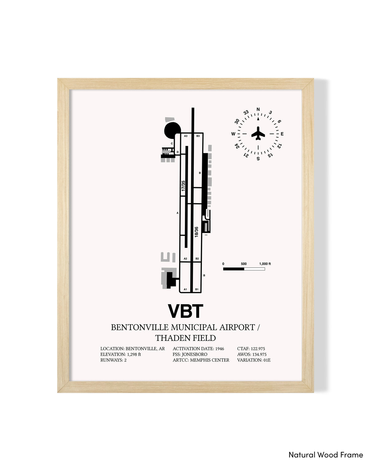 Detailed Airport Map of Bentonville Municipal Airport/Louise M Thaden Field (VBT) in White with a Natural Frame