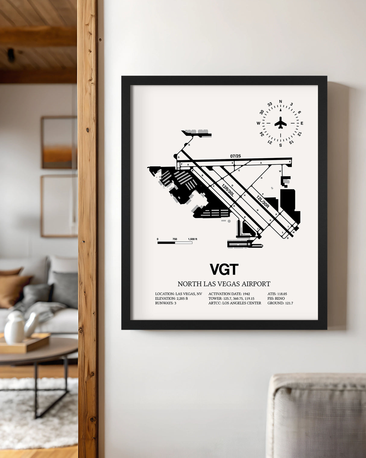 Framed Detailed Airport Map of North Las Vegas Airport (VGT) in White with a Black Frame
