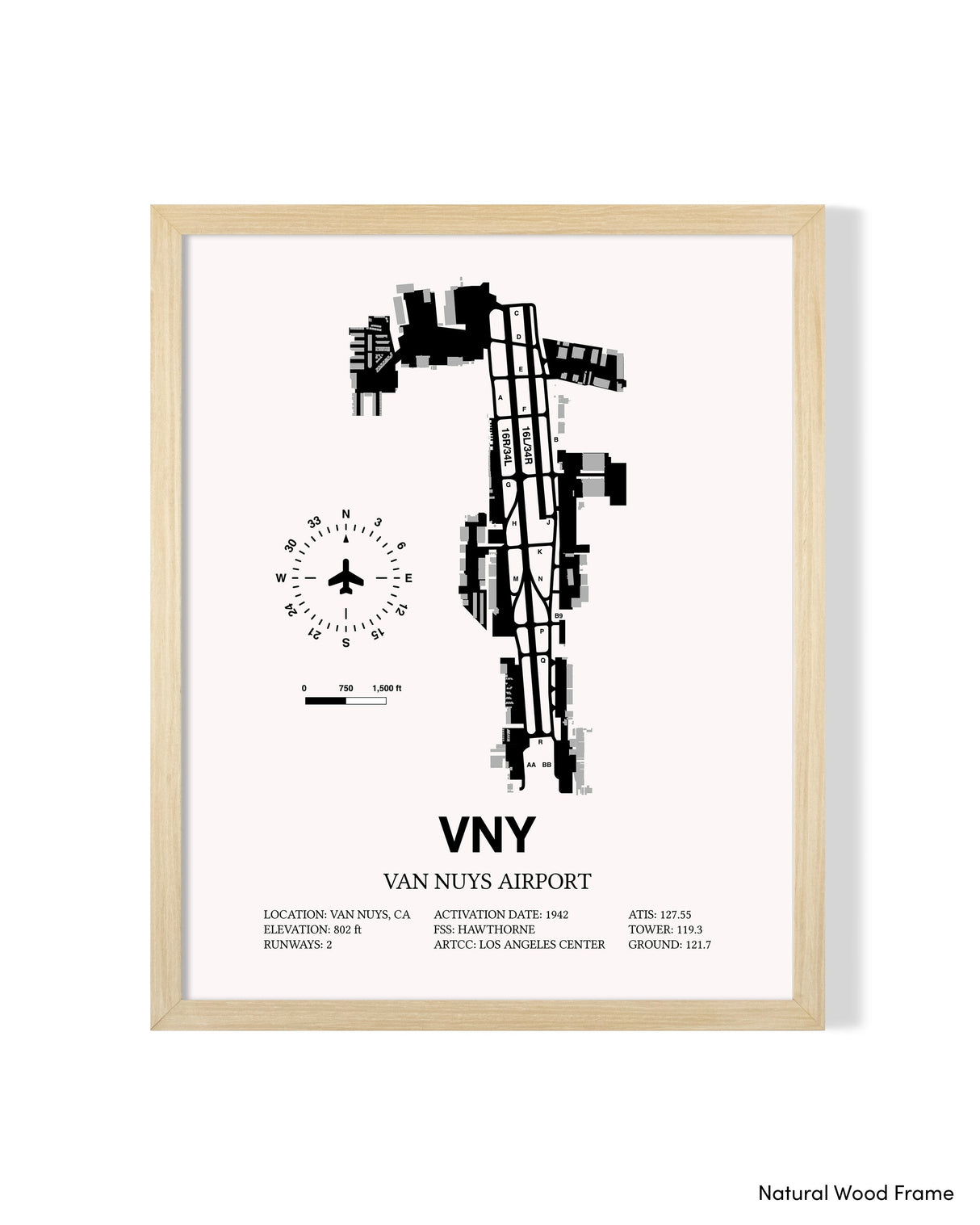 Detailed Airport Map of Van Nuys Airport (VNY) in White with a Natural Frame
