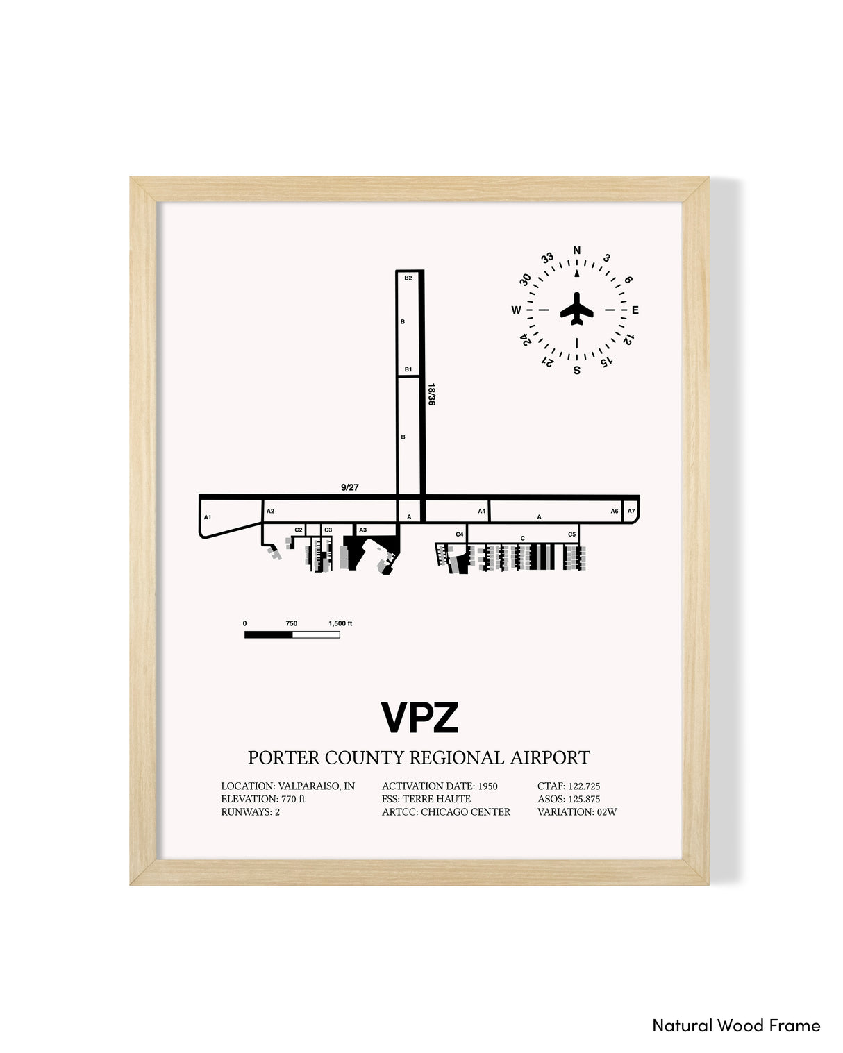Detailed Airport Map of Porter County Regional Airport (VPZ) in White with a Natural Frame