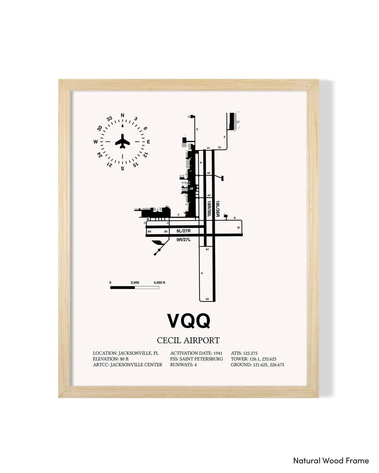Detailed Airport Map of Cecil Airport (VQQ) in White with a Natural Frame