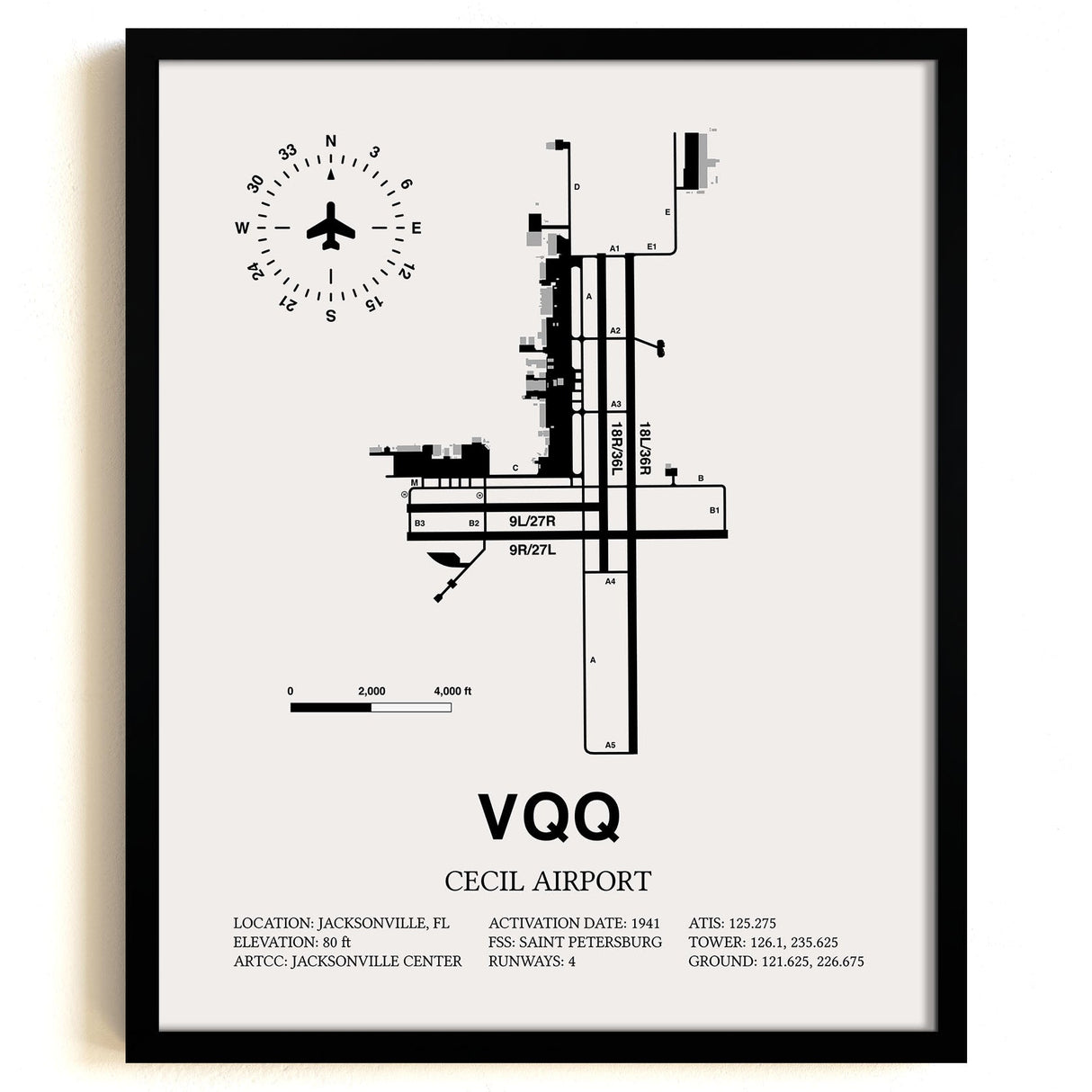 Framed Detailed Airport Map of Cecil Airport (VQQ) in White with a Black Frame