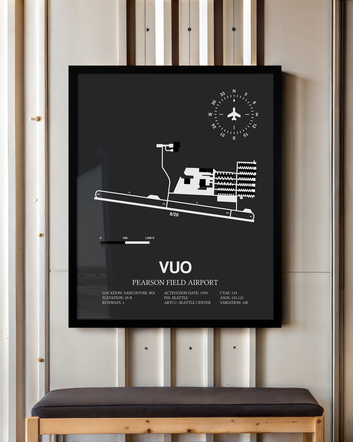 Framed Detailed Airport Map of Pearson Field Airport (VUO) in Gray with a Black Frame