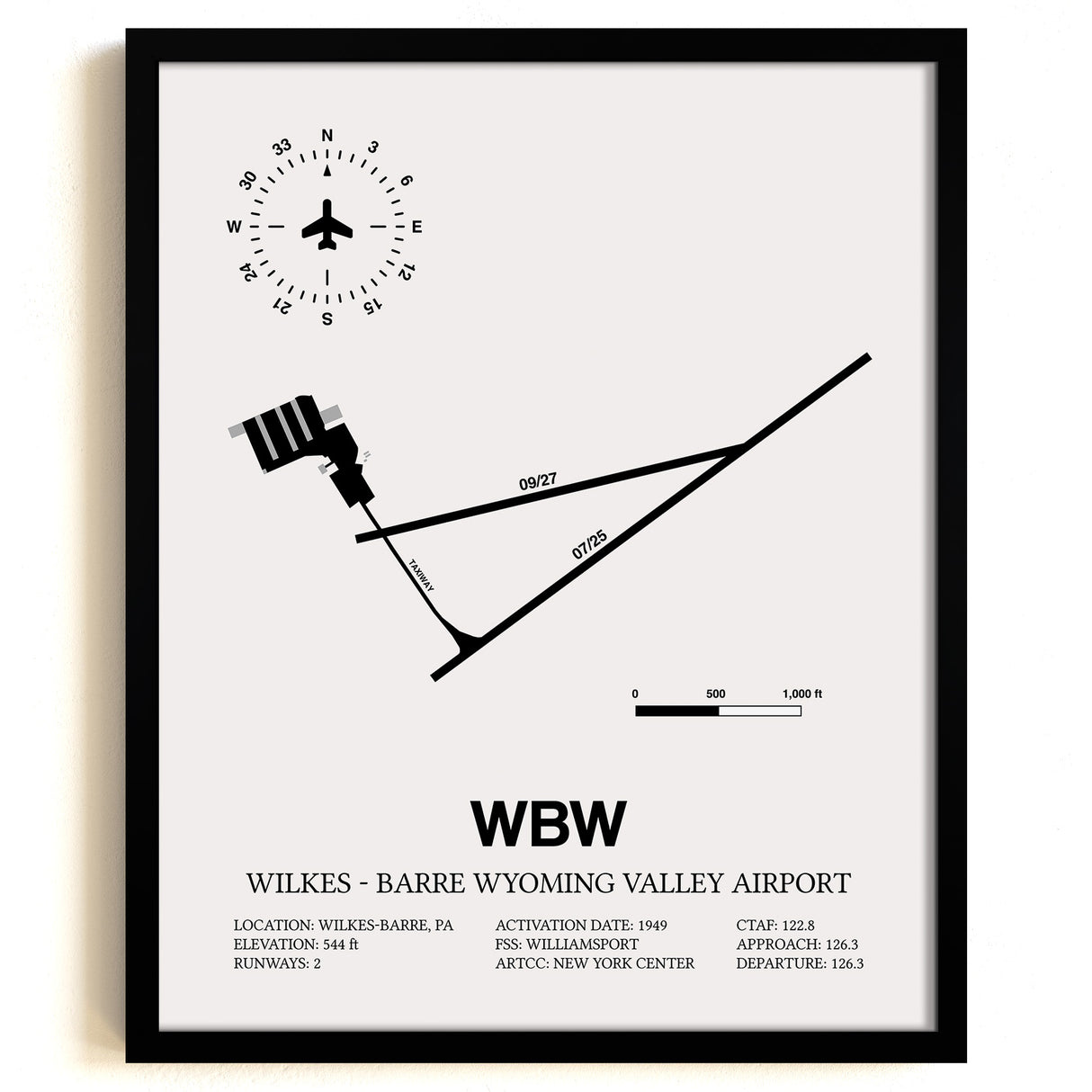 Framed Detailed Airport Map of Wilkes - Barre Wyoming Valley Airport (WBW) in White with a Black Frame