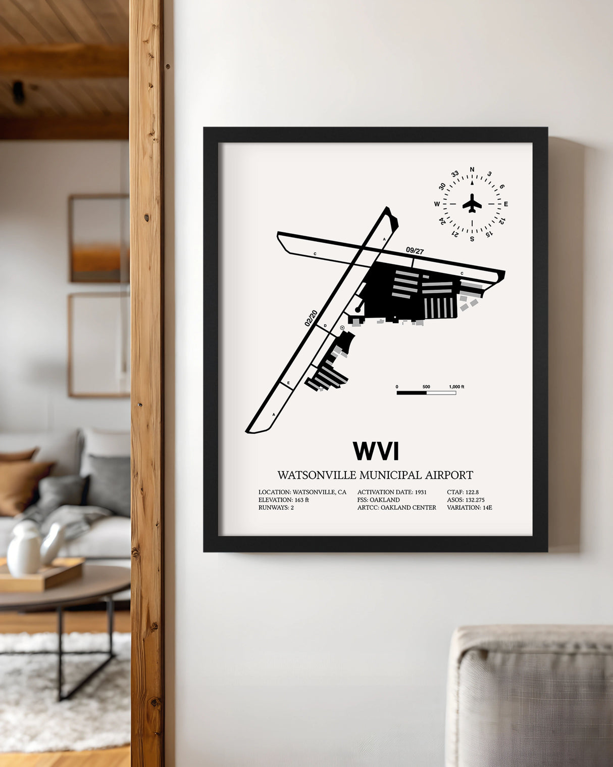 Framed Detailed Airport Map of Watsonville Municipal Airport (WVI) in White with a Black Frame