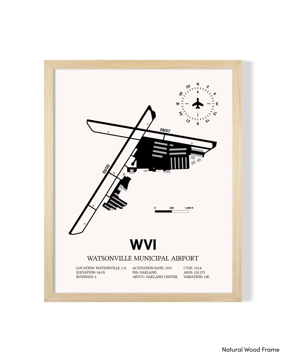 Detailed Airport Map of Watsonville Municipal Airport (WVI) in White with a Natural Frame