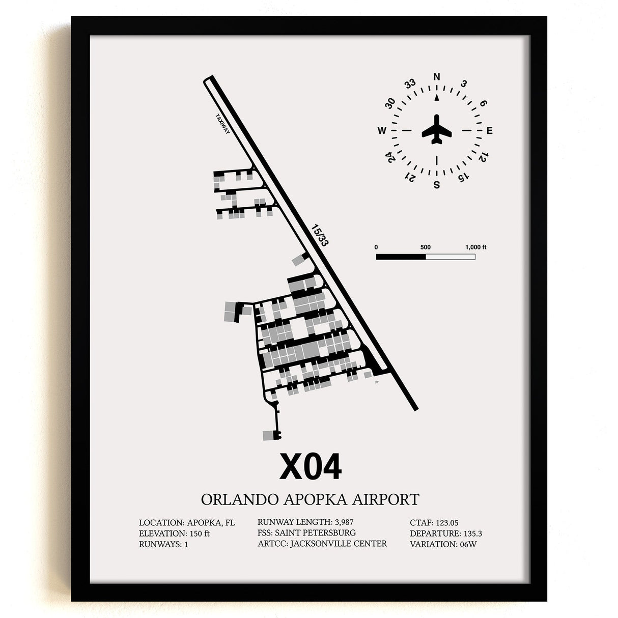 Framed Detailed Airport Map of Orlando Apopka Airport (X04) in White with a Black Frame
