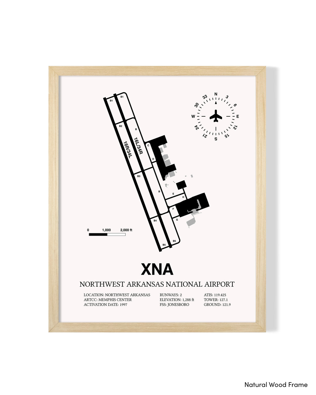 Detailed Airport Map of Northwest Arkansas National Airport (XNA) in White with a Natural Frame