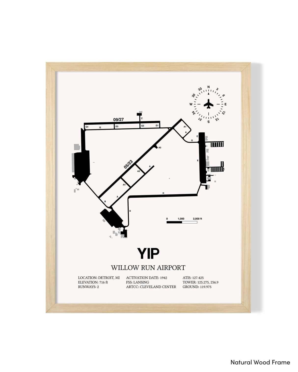 Detailed Airport Map of Willow Run Airport (YIP) in White with a Natural Frame