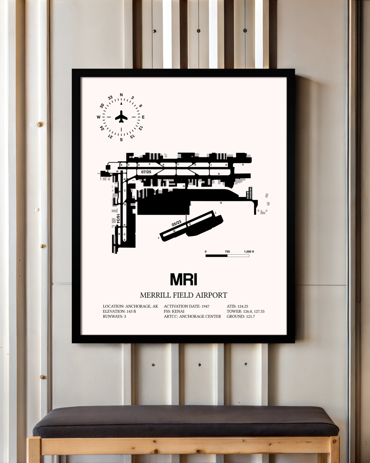 Merrill Field Airport framed poster displayed in an airplane hangar