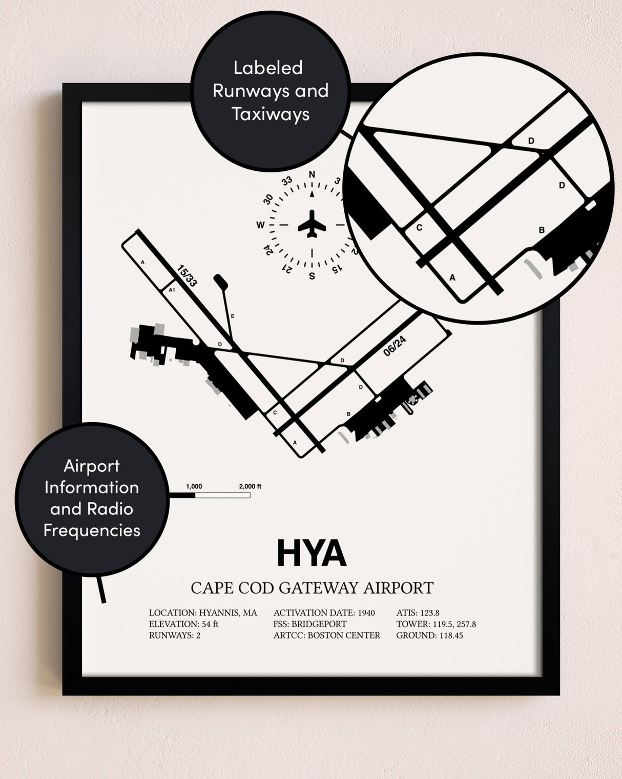 Framed Cape Cod Gateway Airport layout wall art poster