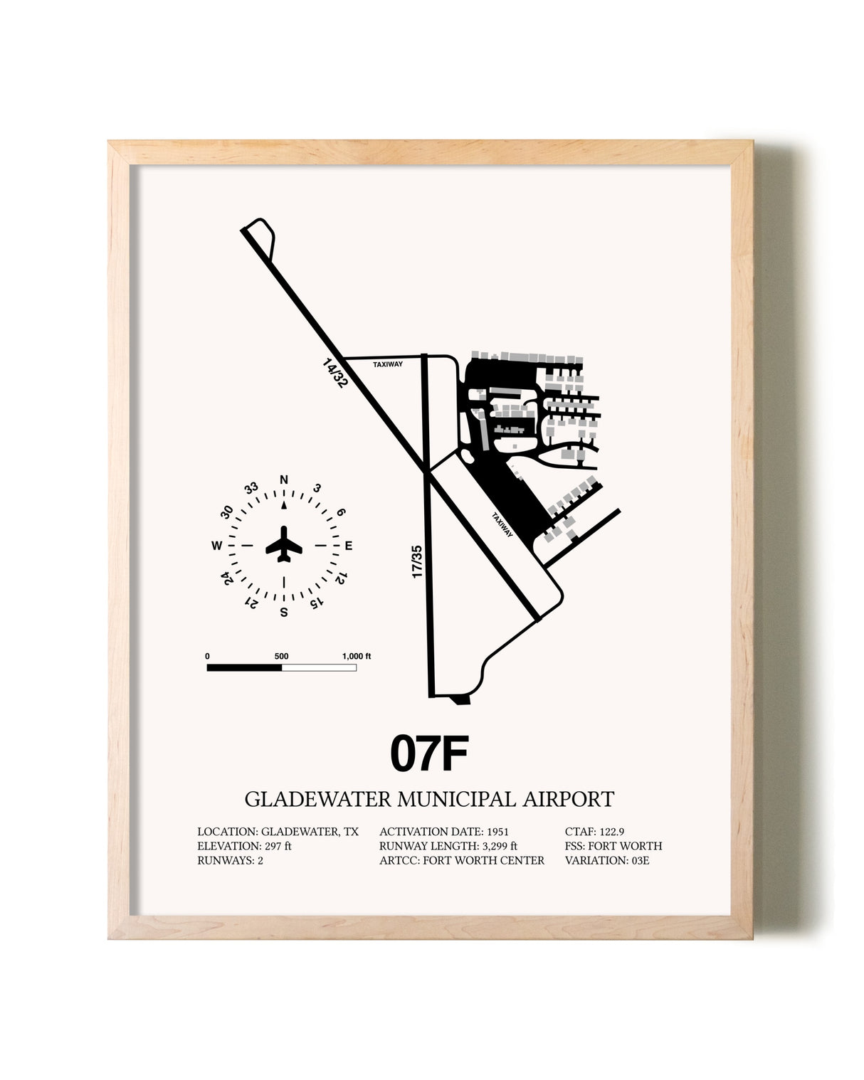 Gladewater Municipal Airport framed wall art in white frame