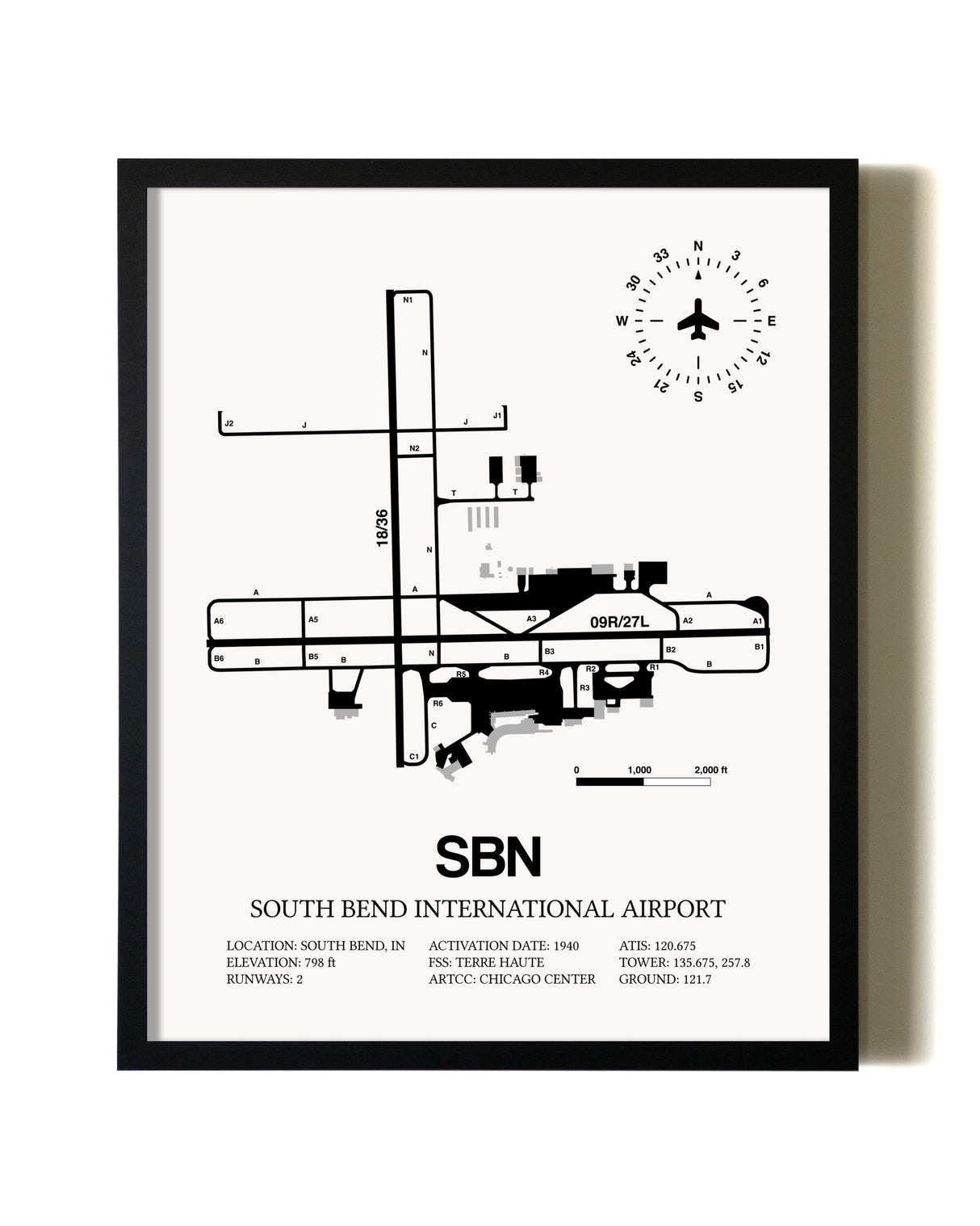 Framed South Bend International Airport wall art poster in black frame